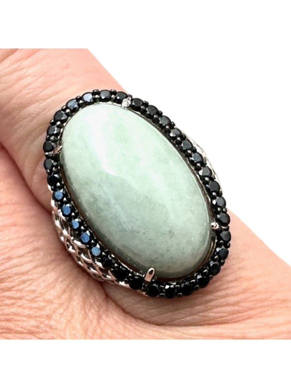 Green Jade Sterling Silver Womens Ring Black Spinel Size 6